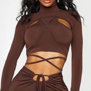 Shape Chocolate Brown Slinky High Neck Cut Out Strap Detail Crop Top